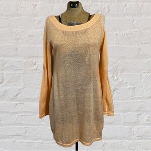 Peach Pastel Orange Woven Knit Side Zipper Seams Long Sleeve Round Neck Top